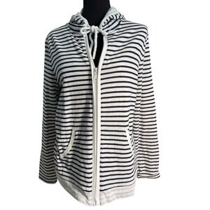 Talbots Womens Navy Blue White Striped Full Zip Hoodie Pointelle Knit Size M
